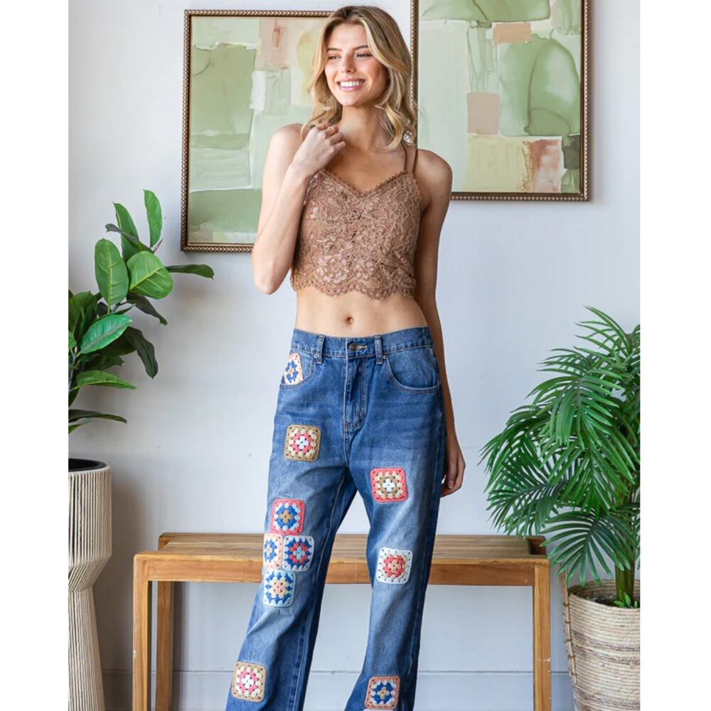 NWT Oli and Hali WASHED SQUARE CROCHET PATCHWORK DENIM JEANS Sz XL